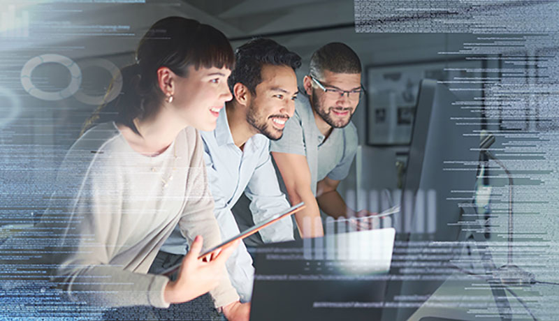 Business people, coding group and information technology with computer screen, programming and software development. Code overlay, futuristic and collaboration, meeting with programmer team in office.